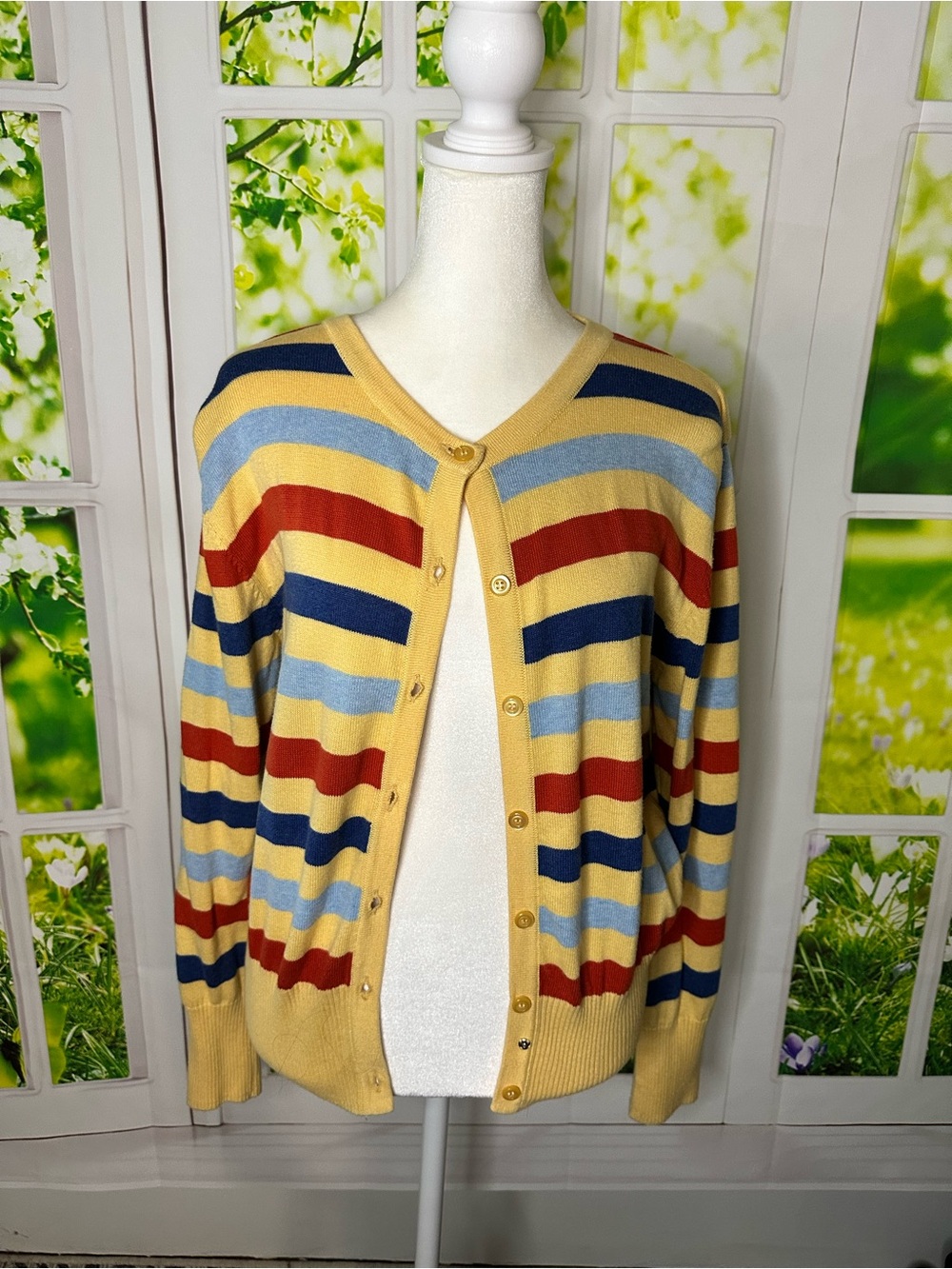 Yellow Multi-Stripe Button Cardigan